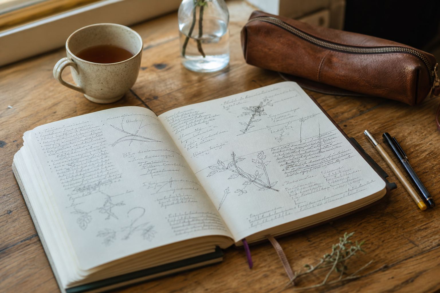 Plan de travail avec un carnet de notes ouvert, illustrant la construction patiente d'une stratégie de liens